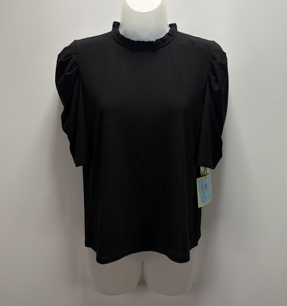 CeCe by Cynthia Steffe Black Puff Sleeve Ruffle Neck Blouse Top Women’s M NWT
